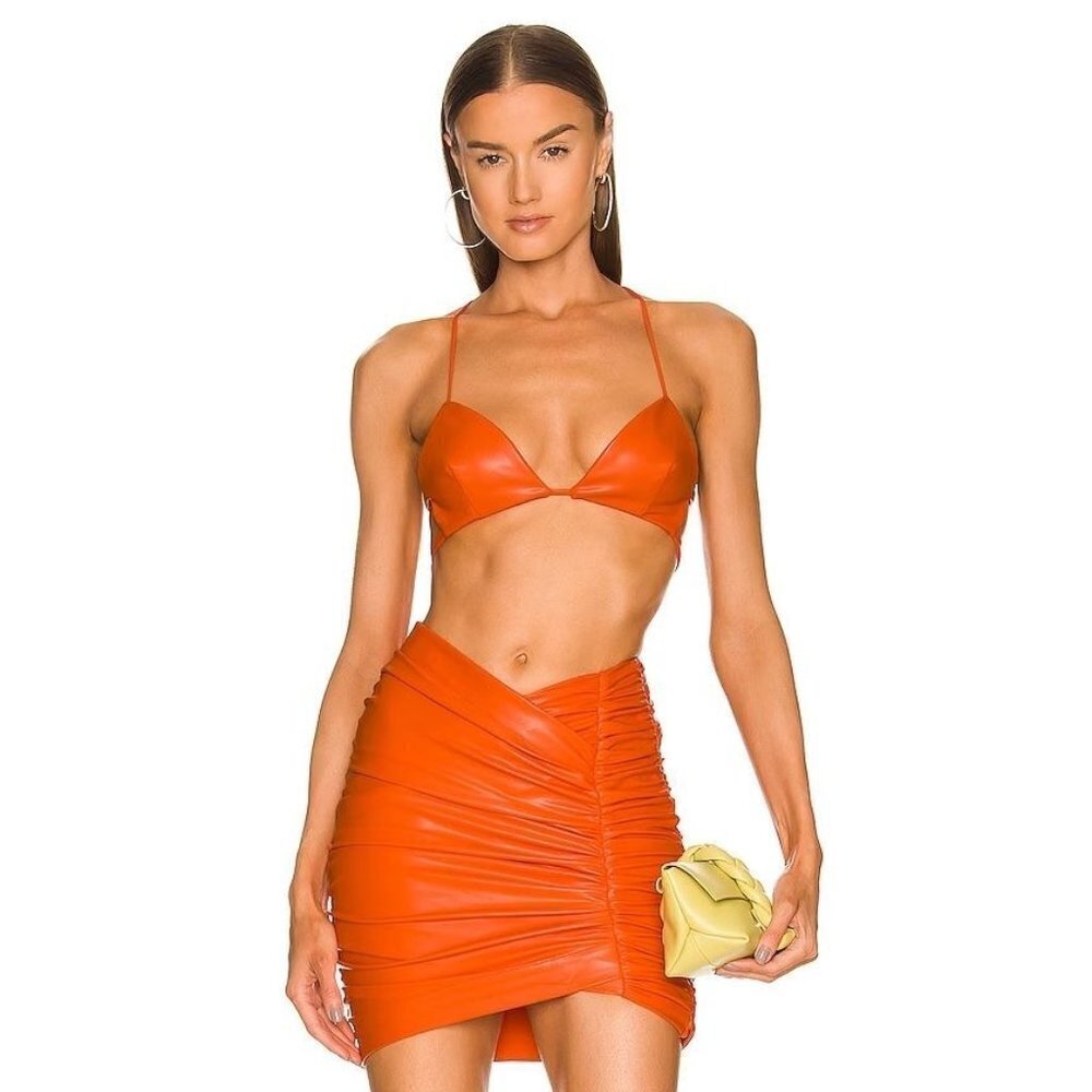 Michael Costello Torin Faux Leather Mini Skirt in Orange XSmall New Womens